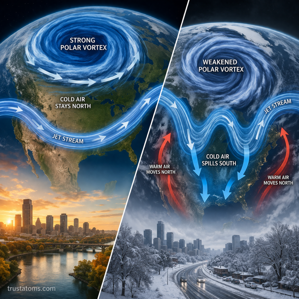 Split illustration comparing a stable polar vortex keeping cold air in the Arctic versus a weakened vortex allowing cold air to move south.
