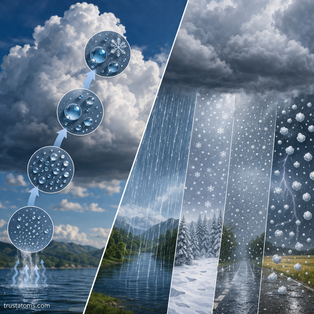 Split-view illustration showing cloud droplet growth through condensation on one side and different types of precipitation like rain, snow, sleet, and hail on the other.