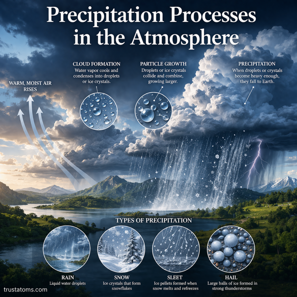 Illustration showing how precipitation forms in the atmosphere including cloud formation, droplet growth, and types like rain, snow, sleet, and hail.