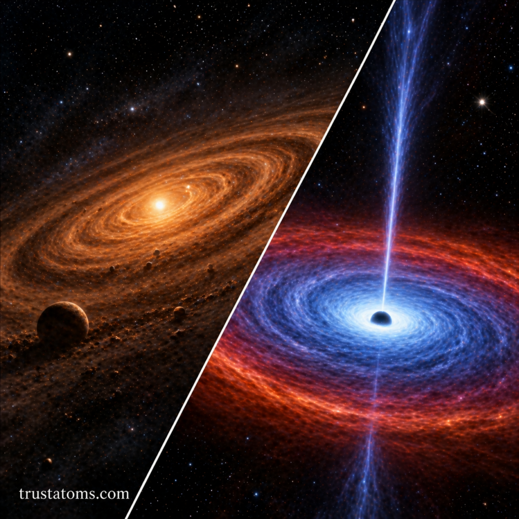 Split illustration comparing a protoplanetary disk around a young star with an accretion disk around a black hole emitting jets.