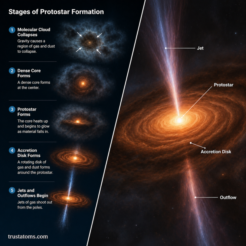 Split illustration showing stages of protostar formation alongside a protostar with accretion disk and jets.