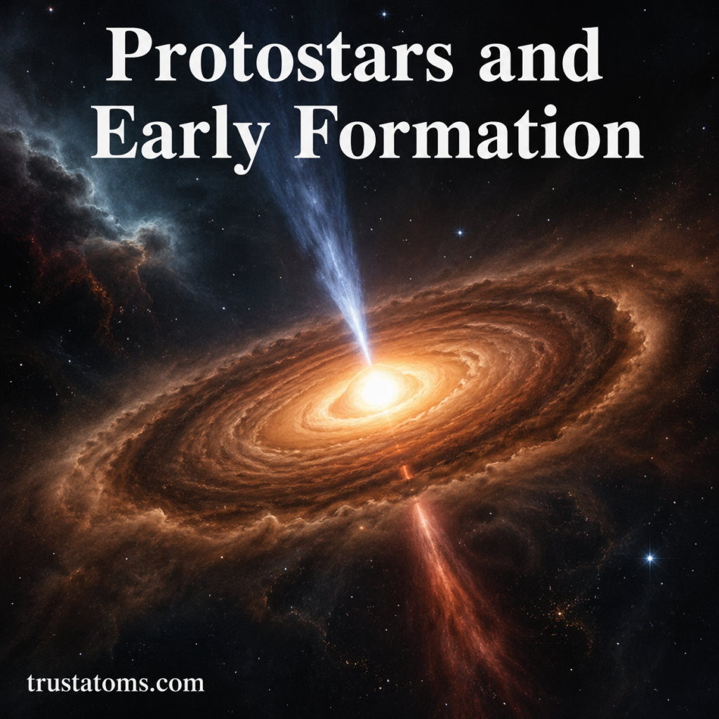 Illustration of a glowing protostar forming within a swirling accretion disk with jets in space.