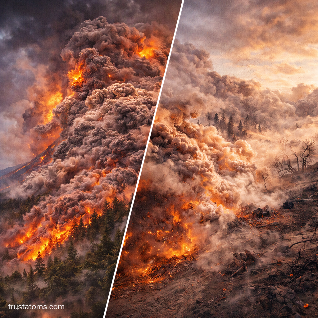 Split illustration comparing dense pyroclastic flow and lighter pyroclastic surge moving across volcanic terrain.