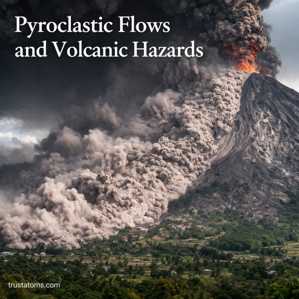 Illustration showing a volcanic eruption with a fast-moving pyroclastic flow descending the mountain toward a nearby valley.
