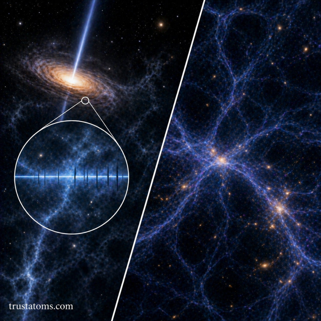 Split illustration showing quasar light absorption lines used to study intergalactic gas on one side and the cosmic web structure on the other.