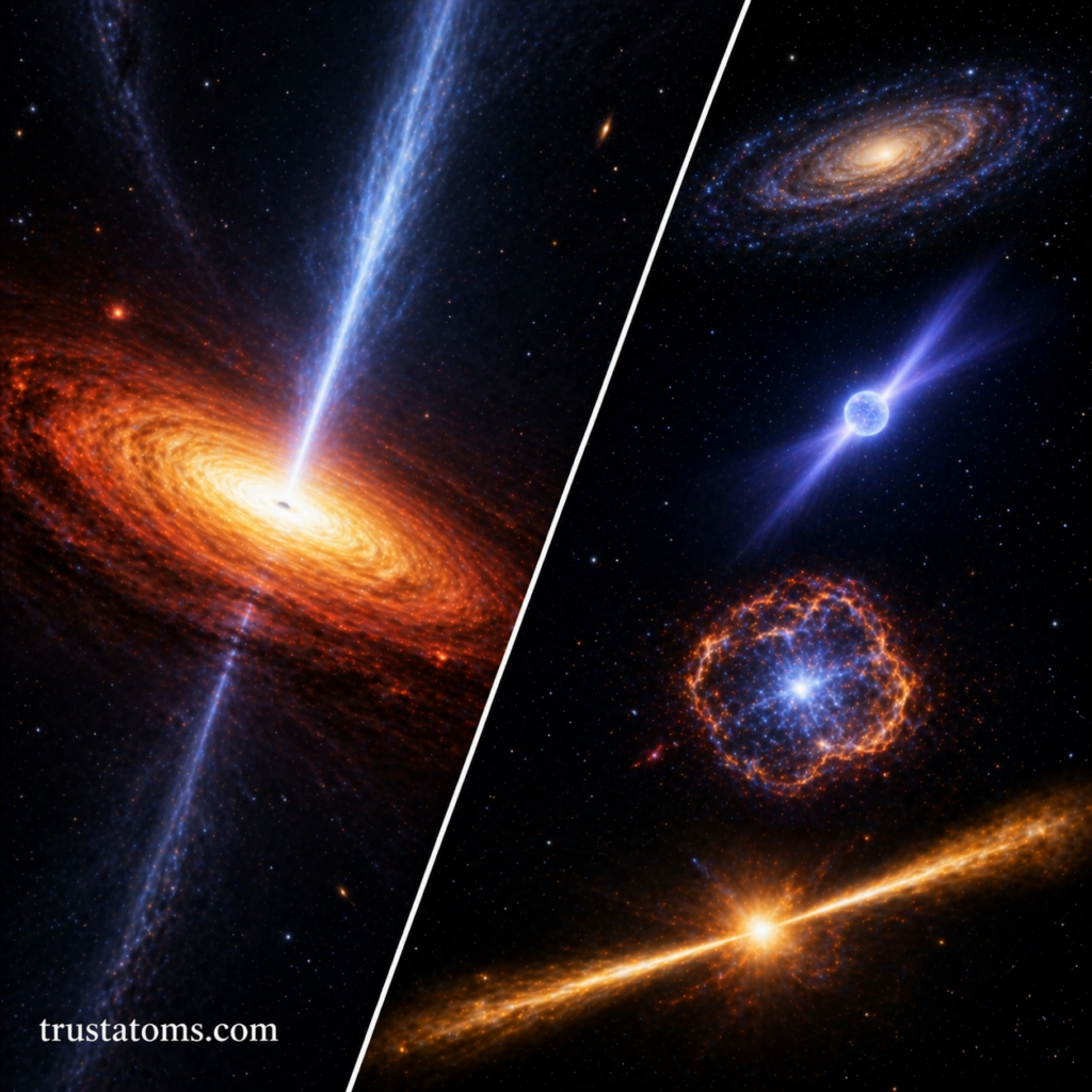Split illustration showing a quasar with a bright accretion disk and jet on one side and other distant light sources like a pulsar, supernova, and gamma-ray burst on the other.