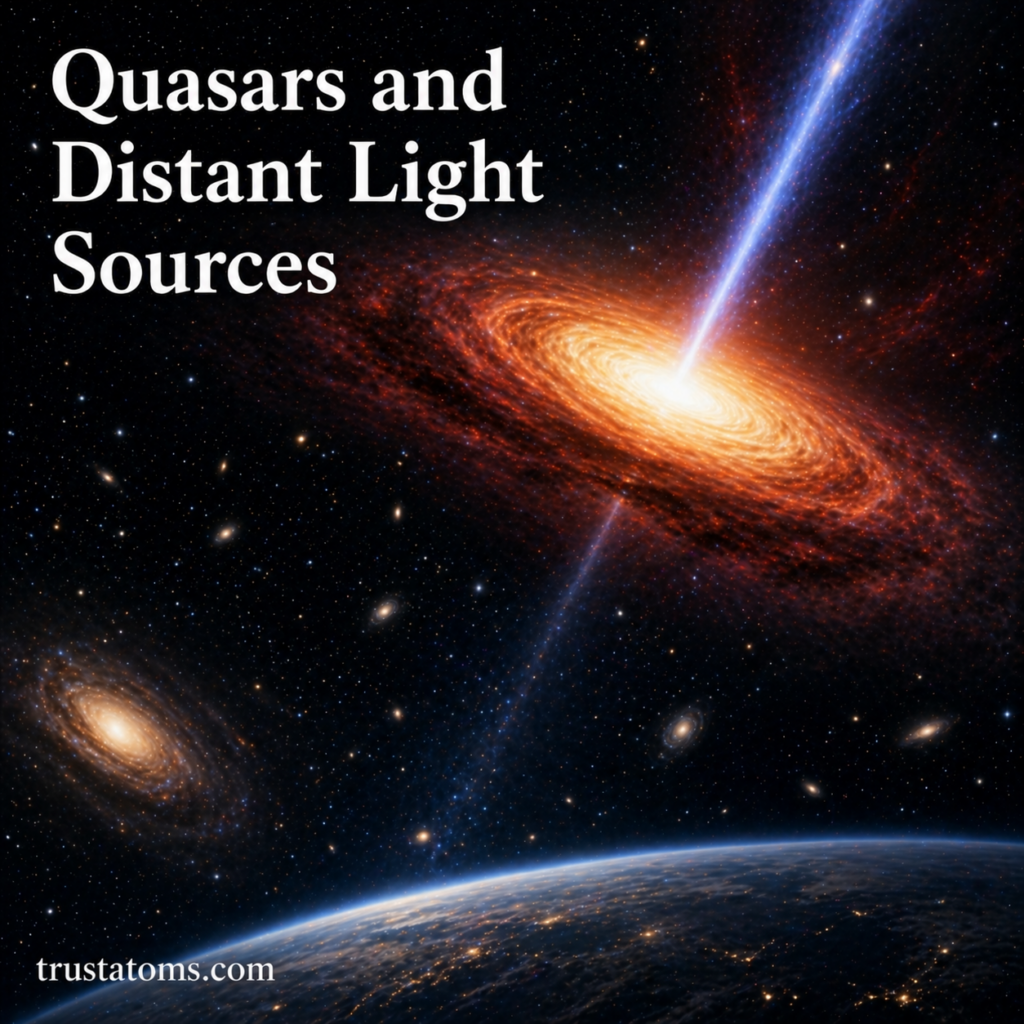 Illustration of a quasar with a bright accretion disk and powerful jet emitting light across space with distant galaxies in the background.
