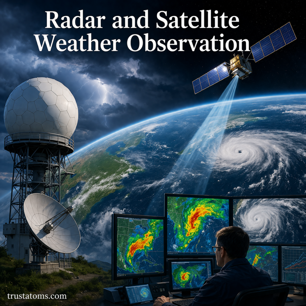 Radar and satellite weather observation illustration showing weather radar tower, satellite monitoring Earth, and storm tracking systems.