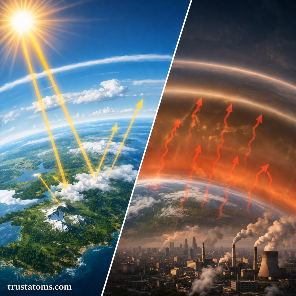 Split illustration showing natural radiation balance with sunlight and a contrasting polluted atmosphere trapping heat.