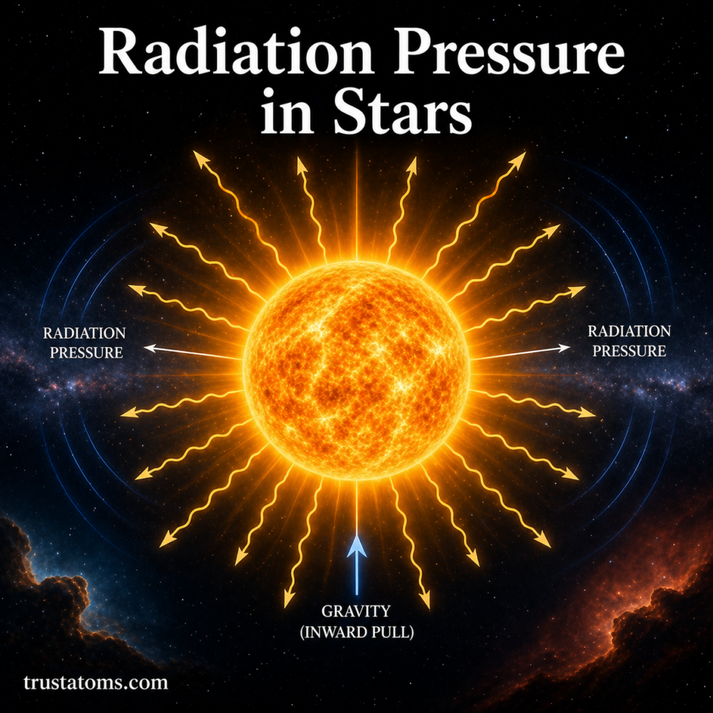 Illustration of a star emitting outward radiation pressure balanced by inward gravitational force in space.