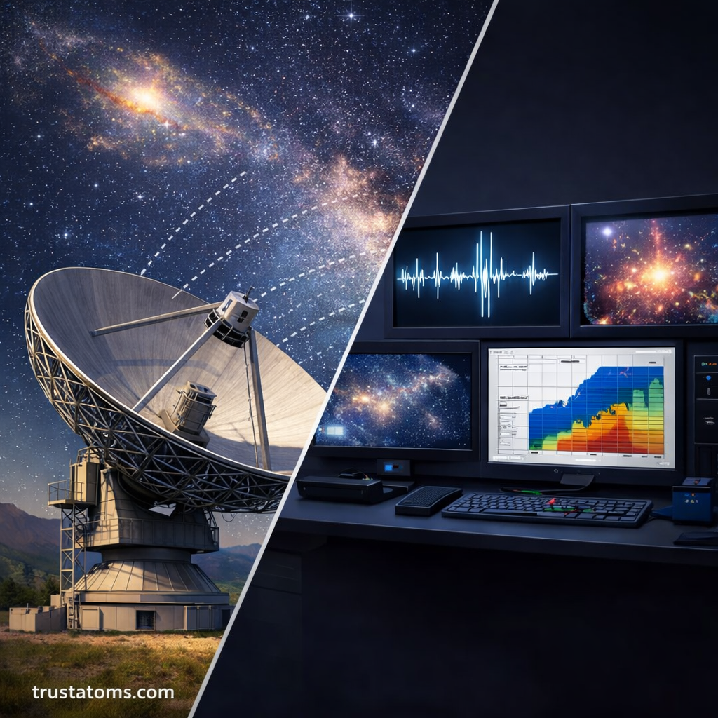 Split illustration showing a radio telescope receiving signals from space and computer systems analyzing the data.