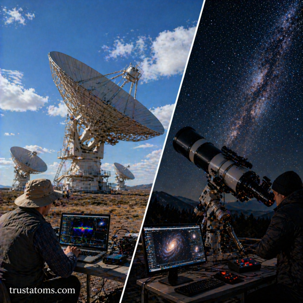 Split illustration showing radio telescope arrays during the day and optical telescope observation at night under the Milky Way.