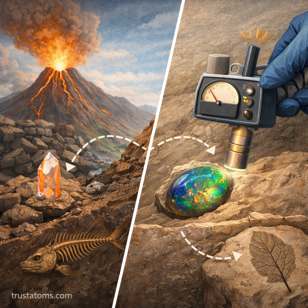 Split illustration showing volcanic rock formation on one side and scientific analysis of minerals on the other to explain radiometric dating.