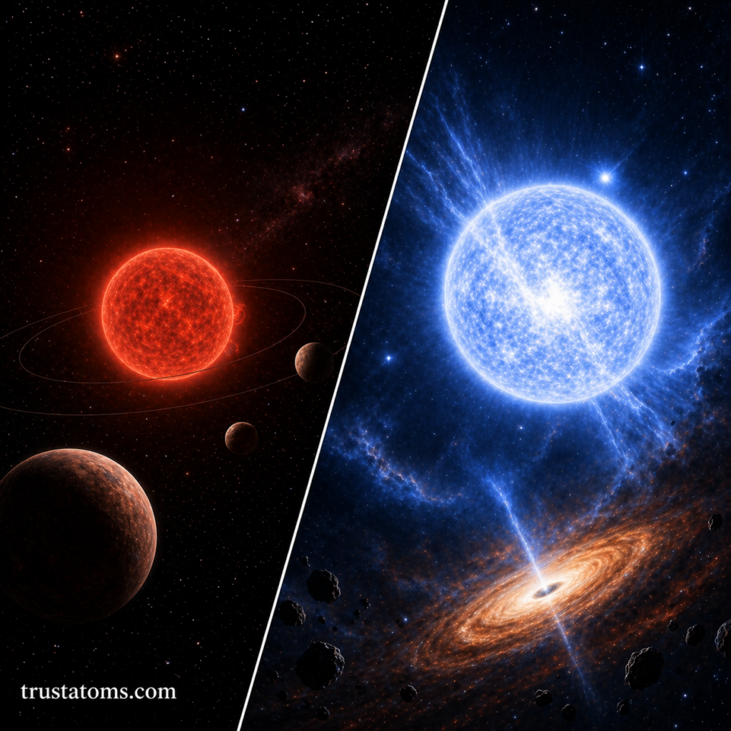 Split illustration comparing a long-living red dwarf star system with a bright massive star and energetic surroundings.