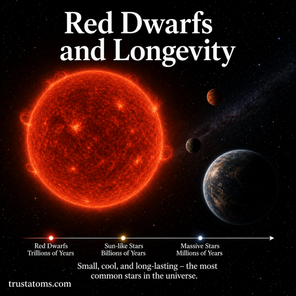 Illustration of a red dwarf star with nearby planets showing long stellar lifespan compared to other star types.