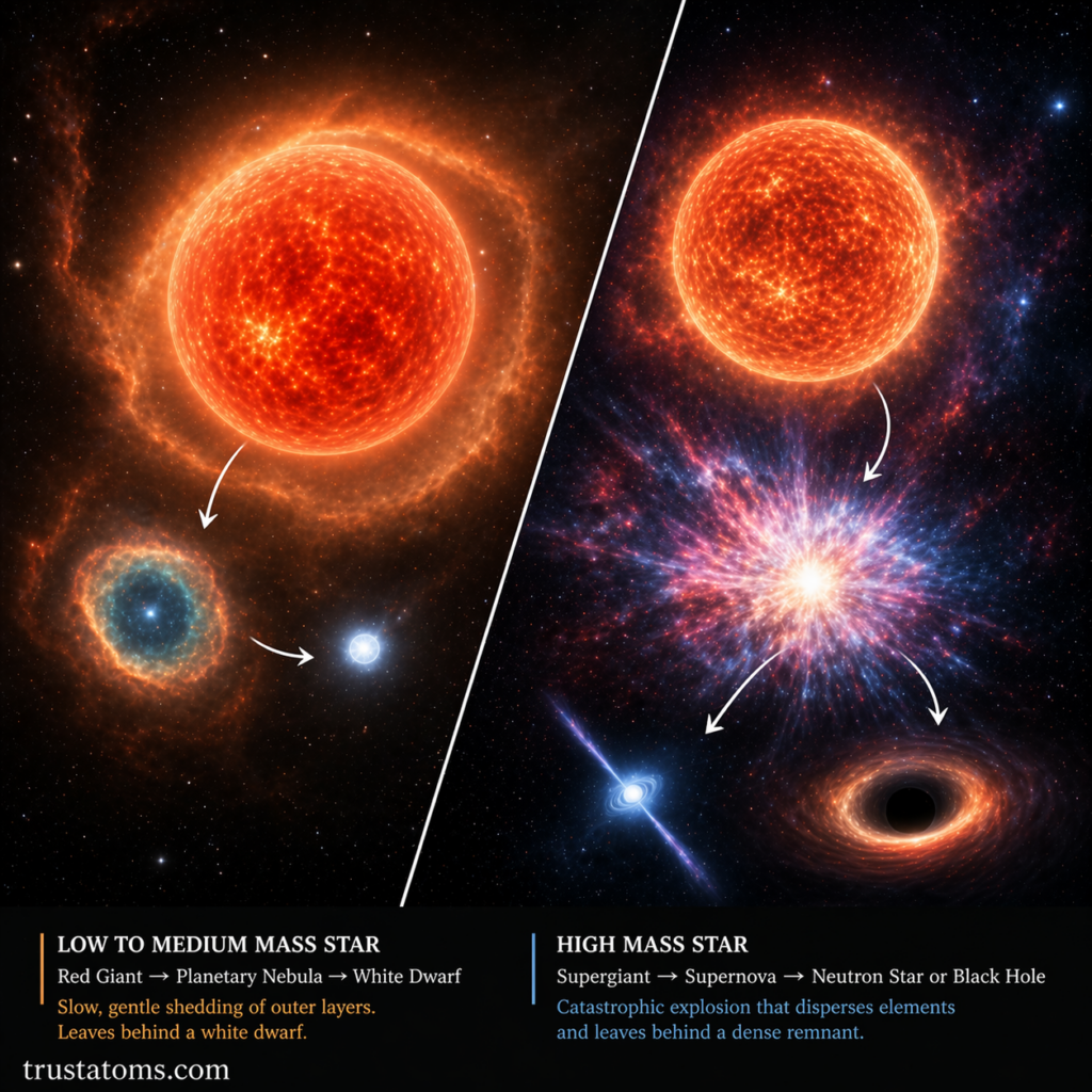 Split diagram showing the evolution paths of red giants into planetary nebula and white dwarf, and supergiants into supernova, neutron star, or black hole.