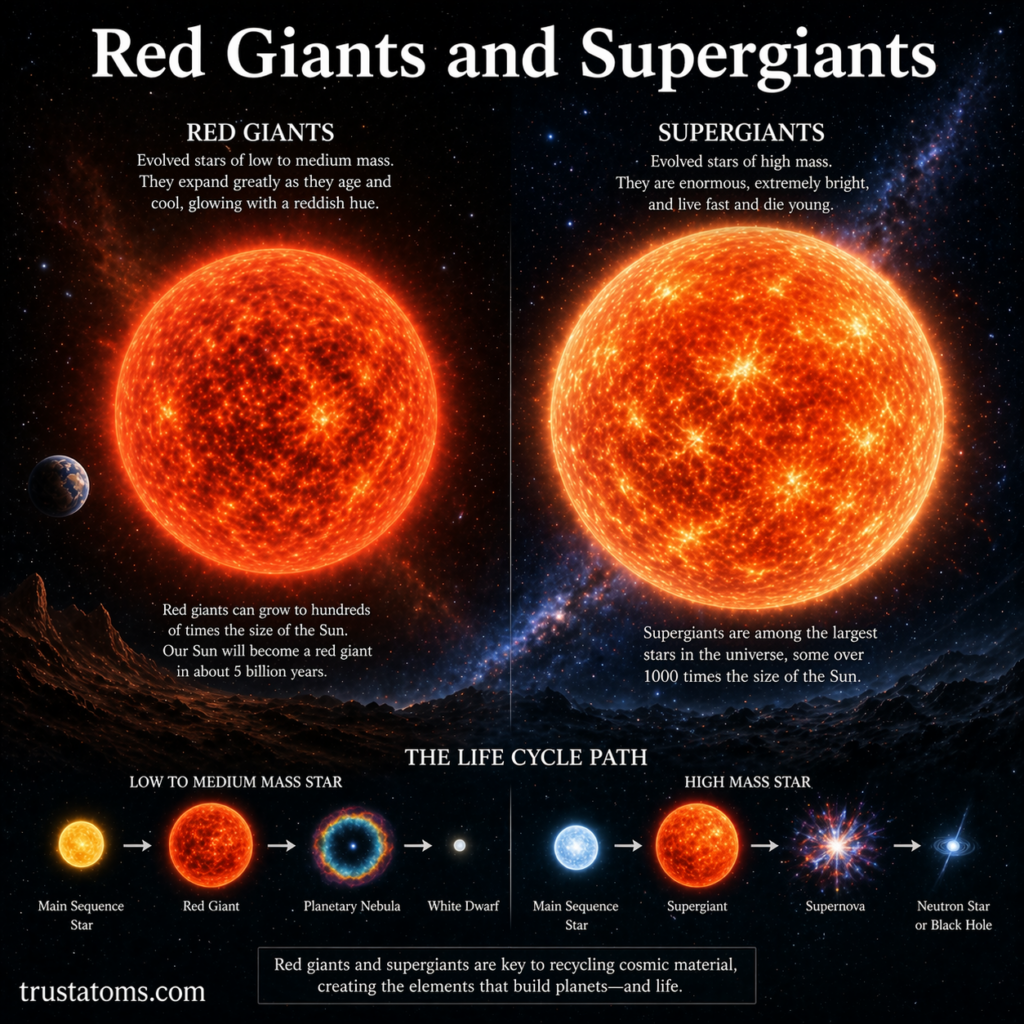 Illustration comparing a red giant and a supergiant star, showing their massive sizes, reddish color, and differences in scale against a space background.