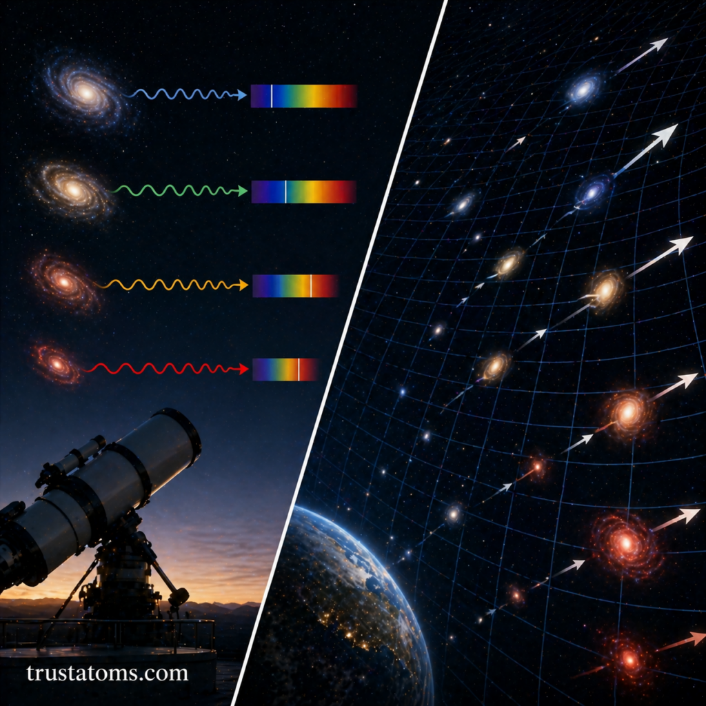 Split illustration showing redshift of light from galaxies on one side and galaxies moving apart in an expanding universe on the other.