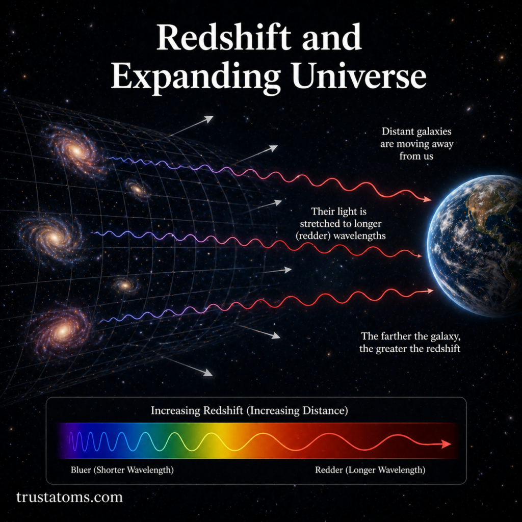 Illustration showing redshift as galaxies move away and light stretches to longer wavelengths in an expanding universe.