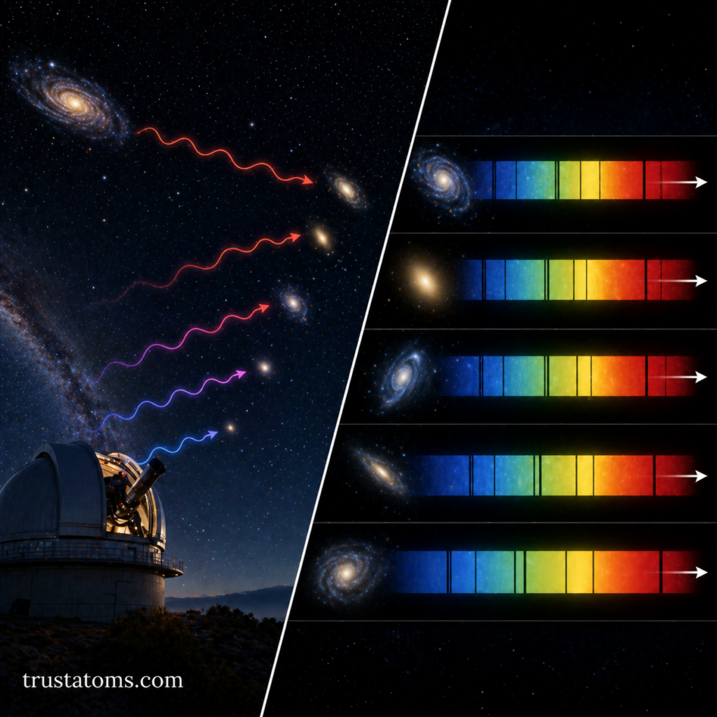 Split illustration showing telescope observation of galaxies with stretched light wavelengths and spectral lines shifting toward red.