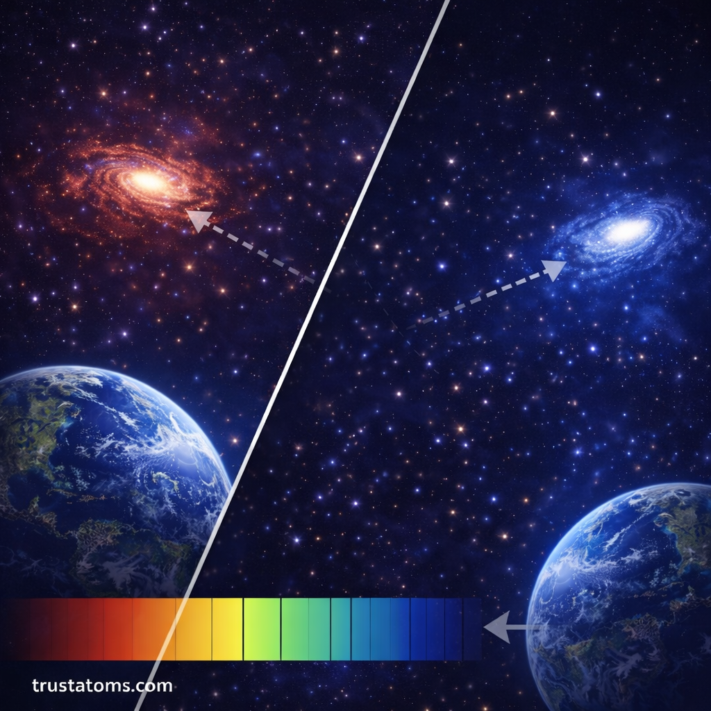 Split illustration showing redshift with a galaxy moving away and blueshift with a galaxy moving closer, including color spectrum changes.