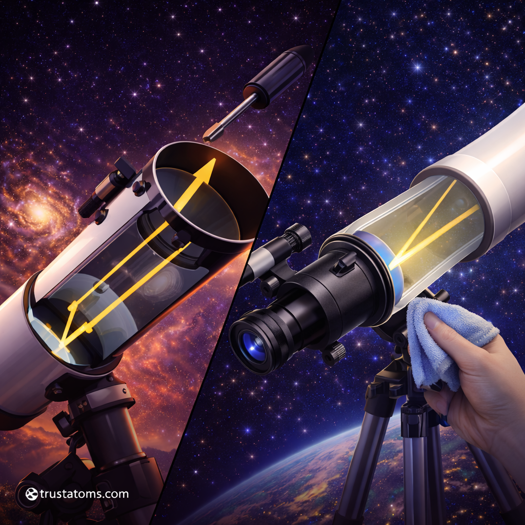 Split diagram showing light path in a reflecting telescope using mirrors and a refracting telescope using lenses.