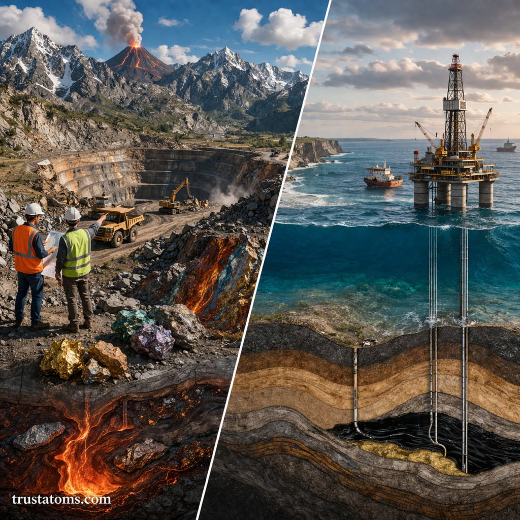 Split illustration showing mineral mining in mountainous regions and offshore oil drilling linked to tectonic resource distribution.