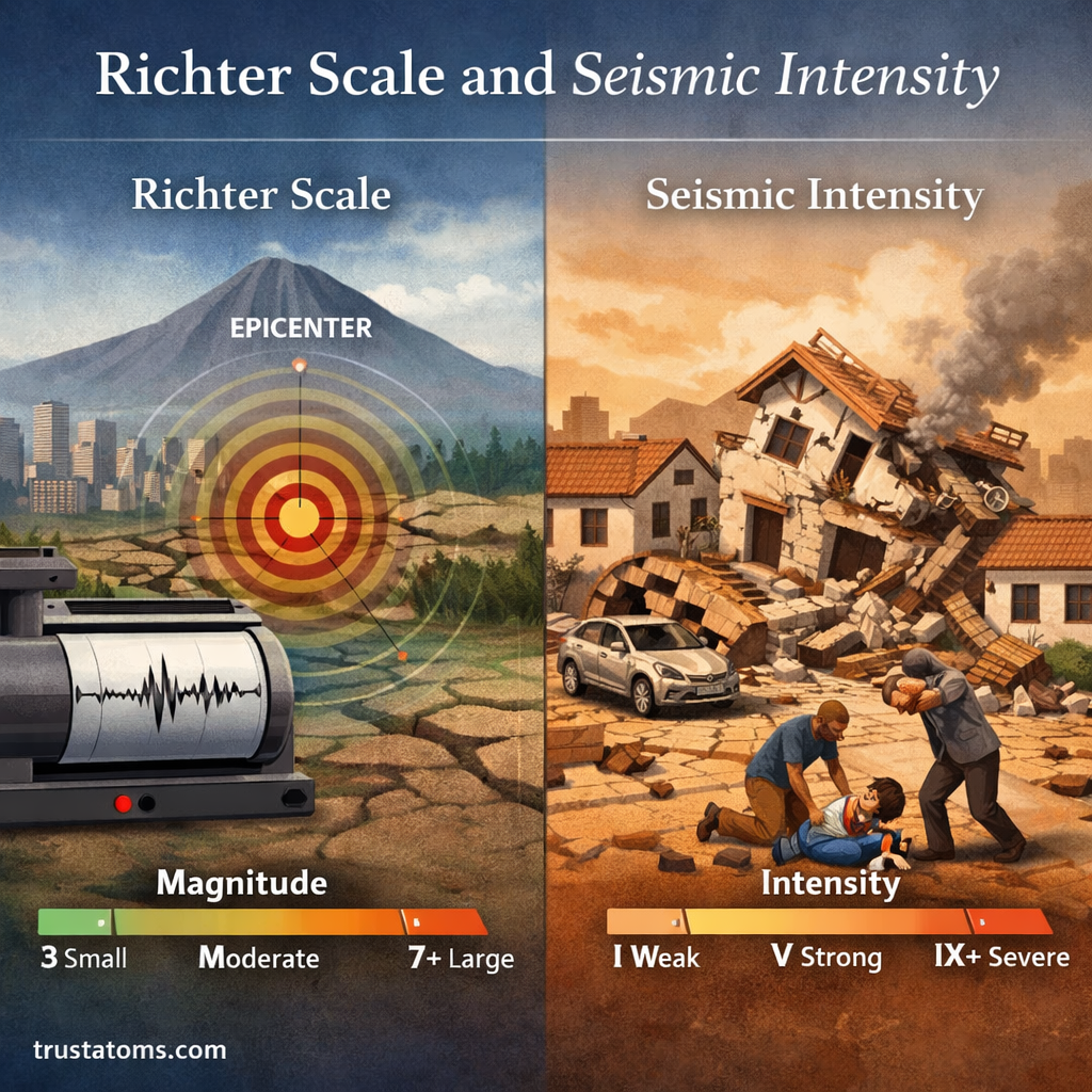 Illustration comparing Richter Scale and seismic intensity showing measurement versus real-world earthquake effects.