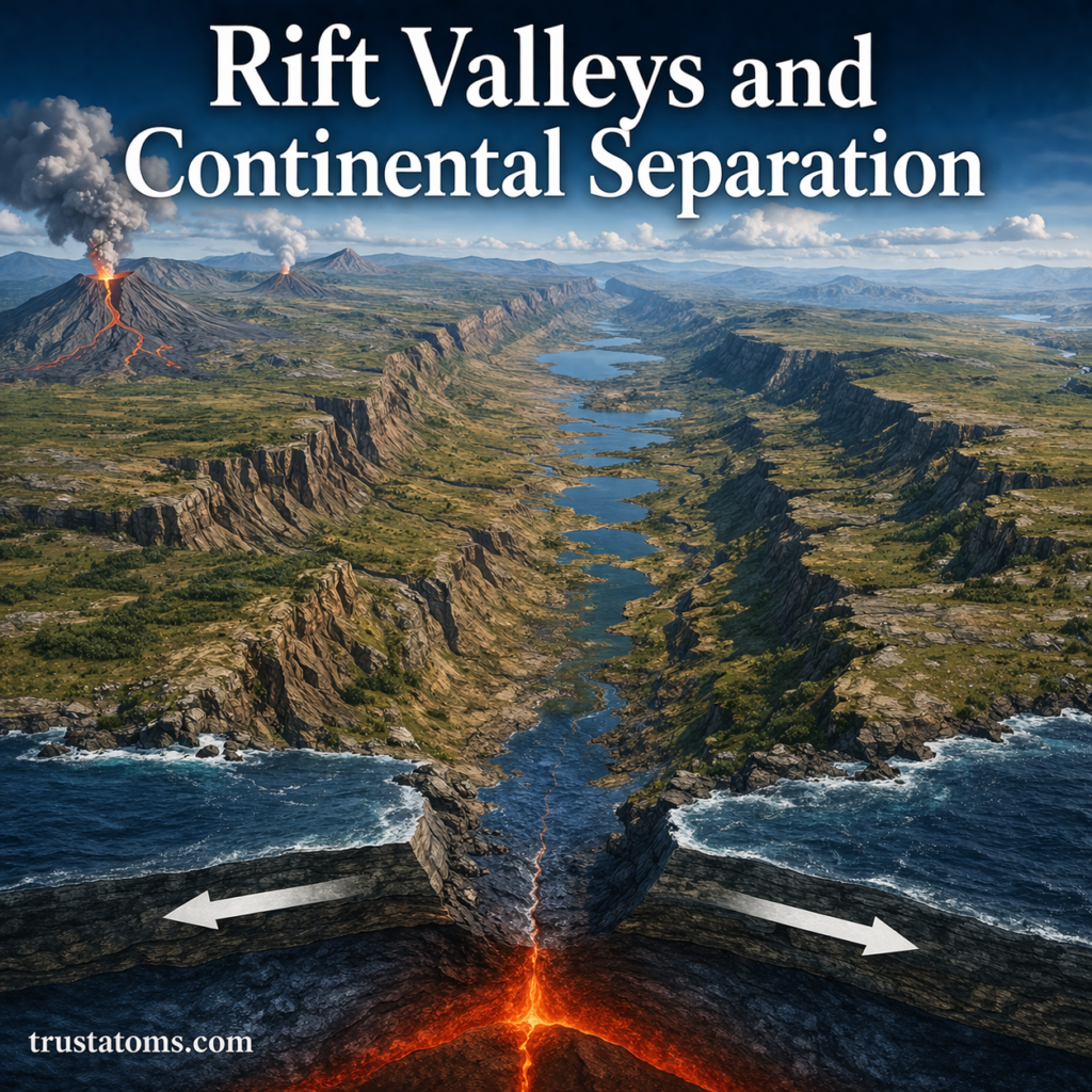 Illustration of a rift valley forming as continental plates pull apart with visible fault lines and rising magma.