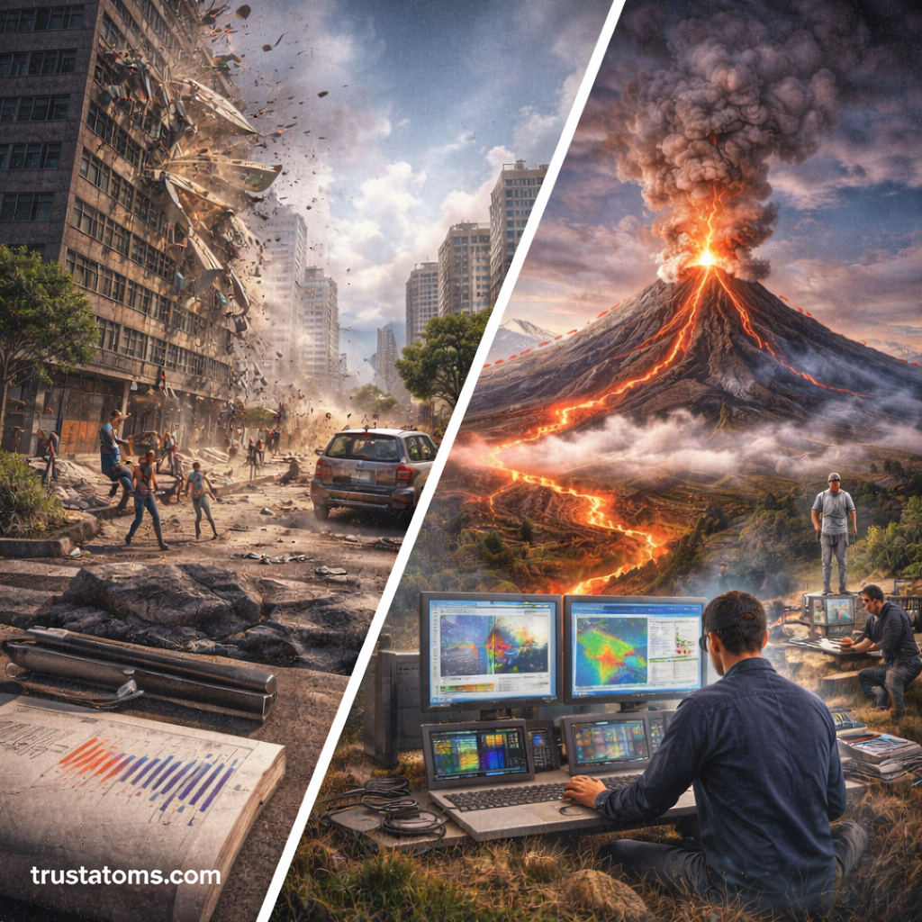 Split illustration showing earthquake destruction in a city on one side and an erupting volcano with monitoring equipment on the other.