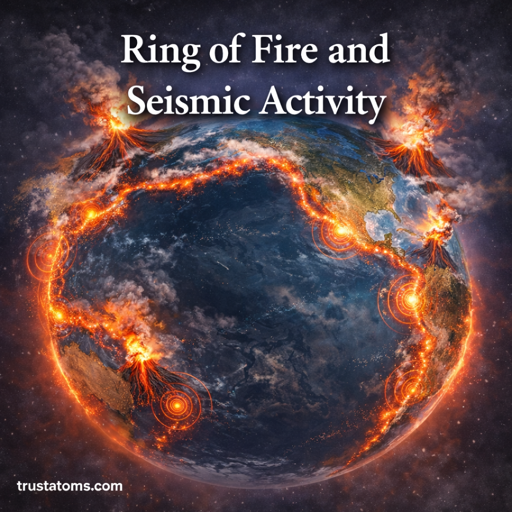Illustration of the Pacific Ring of Fire showing active volcanoes and earthquake zones surrounding the ocean.