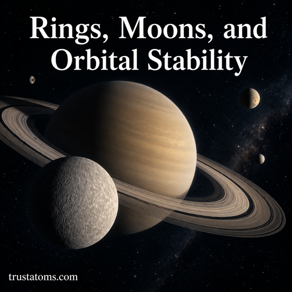 Illustration of a ringed planet with multiple moons demonstrating orbital stability in a planetary system.