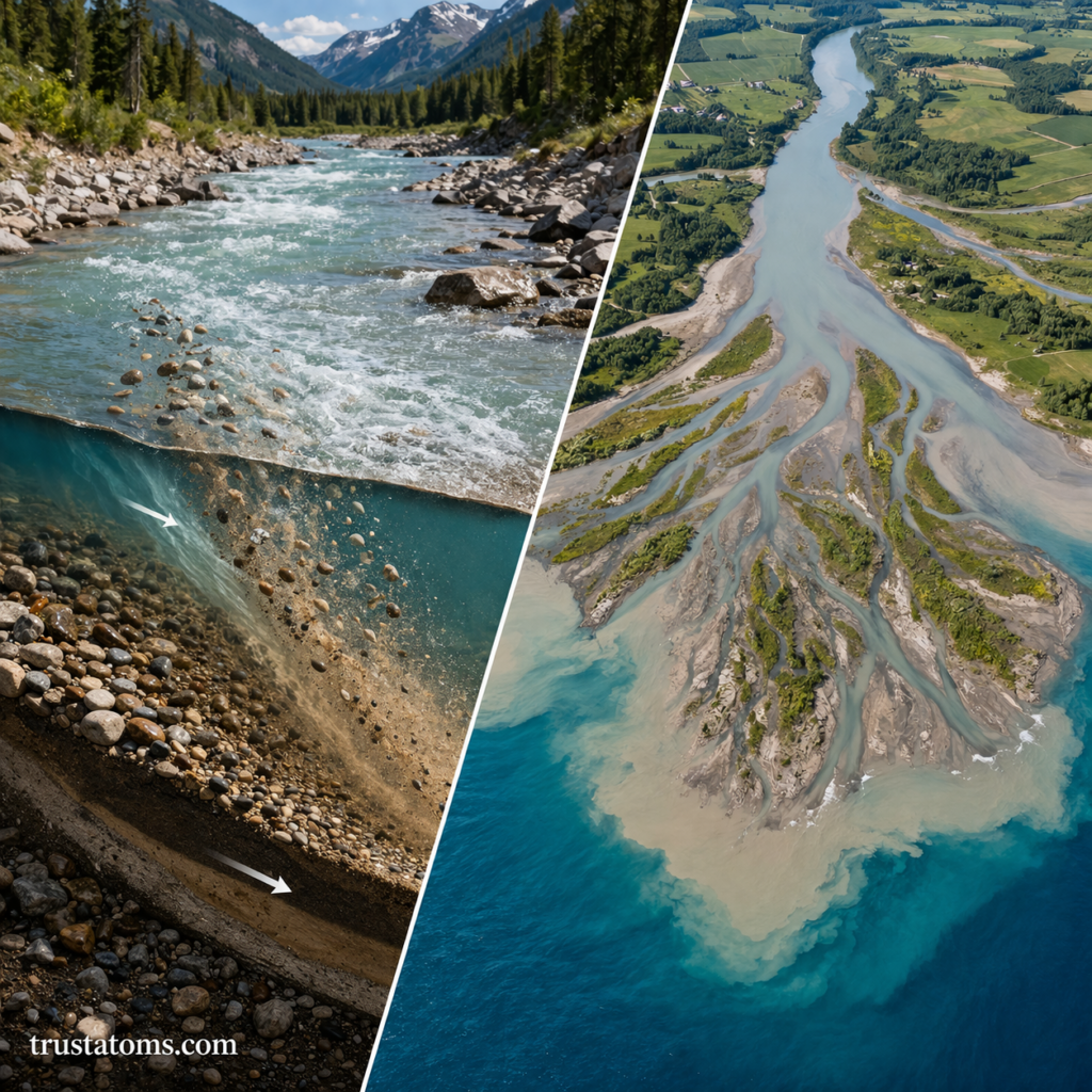 Split diagram showing river sediment transport upstream and delta formation with distributary channels at the river mouth.