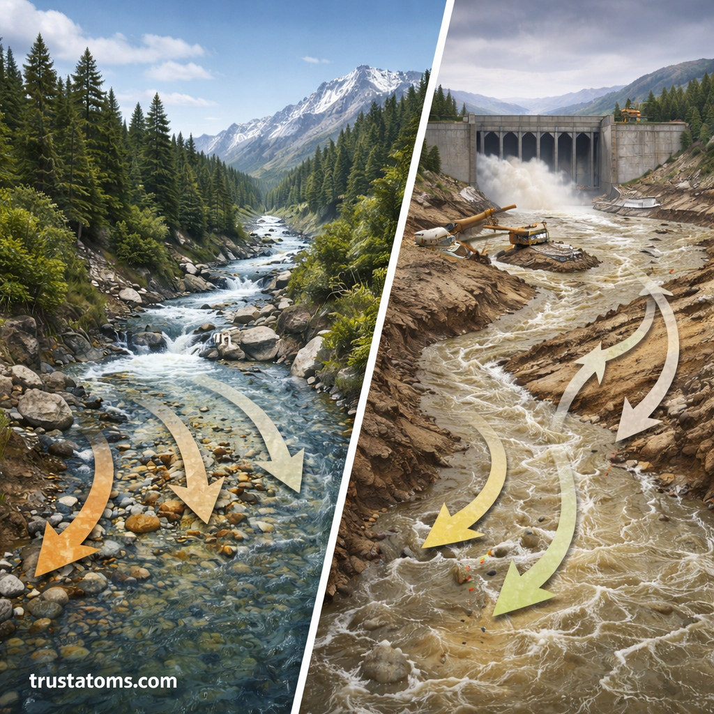 Split illustration comparing a natural mountain river with clear sediment flow and a human-altered river near a dam with increased erosion and sediment disruption.