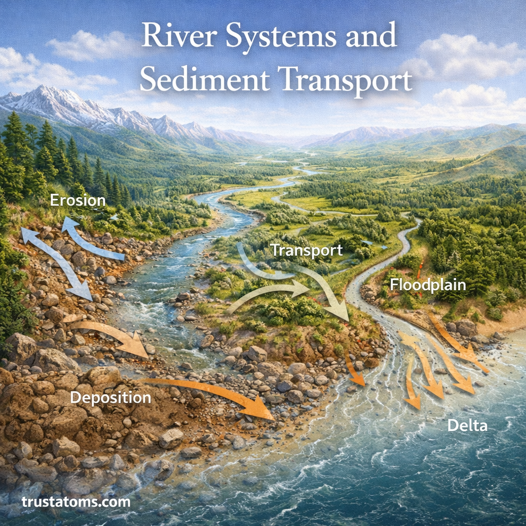 Illustration of river systems and sediment transport showing erosion, sediment movement, and deposition along a river from mountains to ocean.