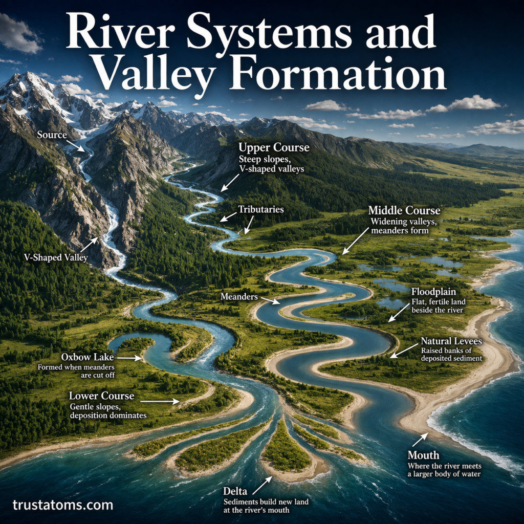Illustration of a river system showing source, tributaries, meanders, floodplains, and delta formation across a landscape.
