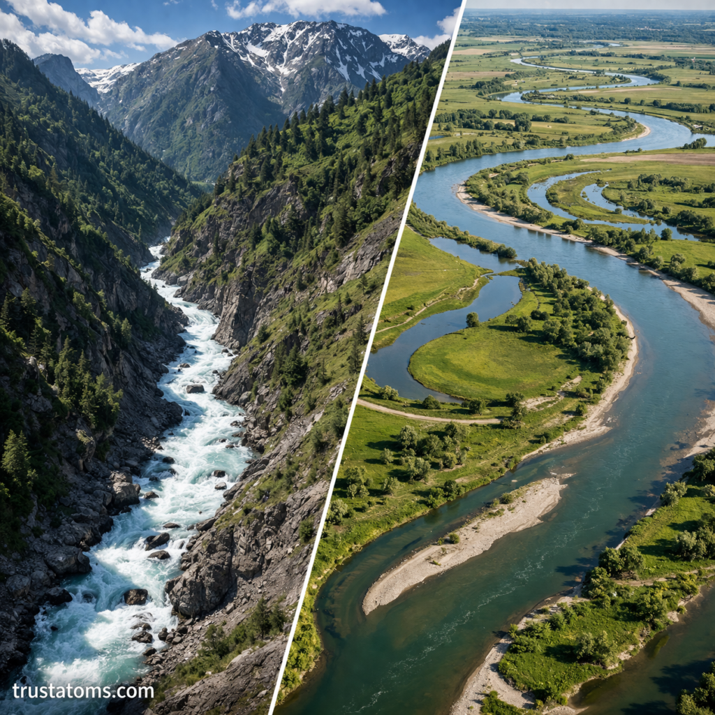 Split image comparing a steep mountain river valley in the upper course and a wide meandering river in the lower course floodplain.