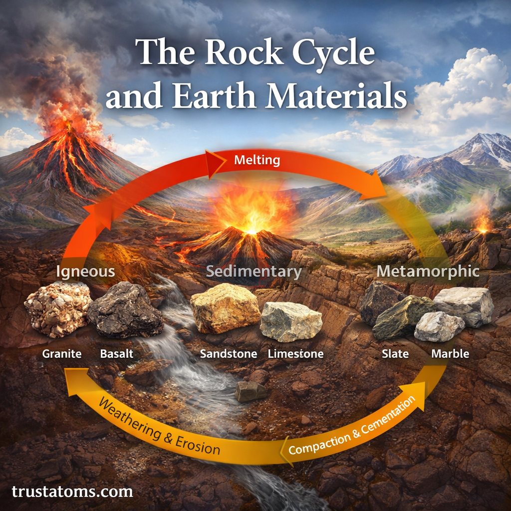Rock cycle diagram showing igneous, sedimentary, and metamorphic rocks with processes like melting, weathering, erosion, and compaction and cementation.