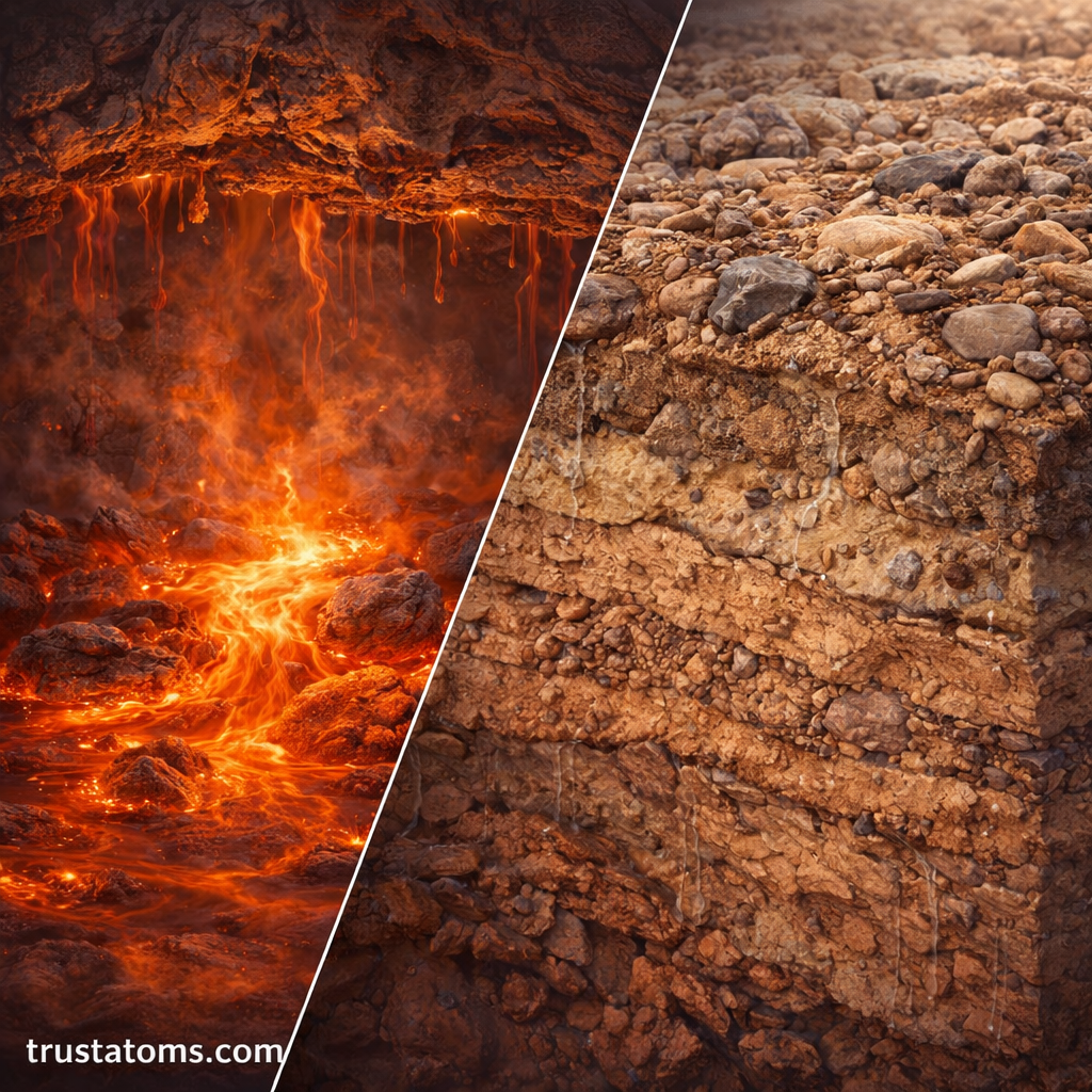Split illustration showing molten magma on one side and layered sedimentary rock formation on the other.