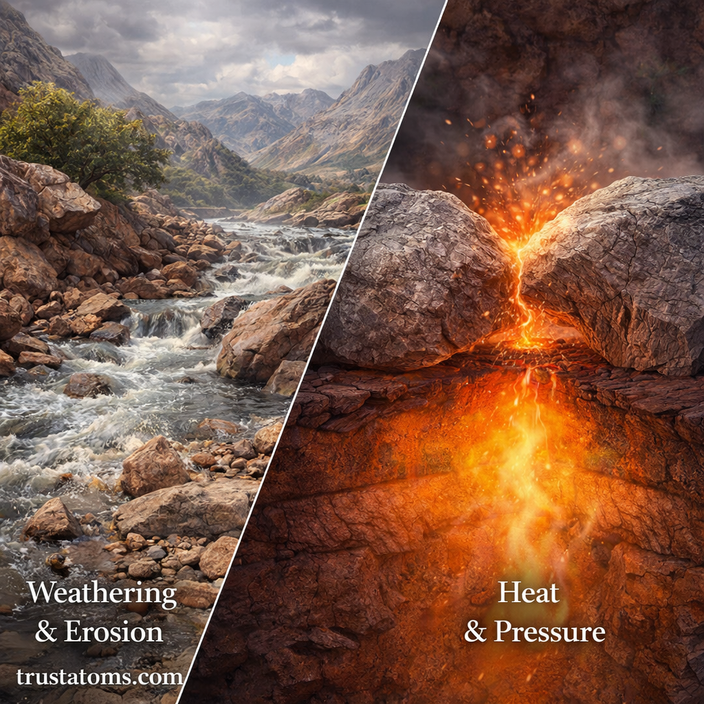 Split illustration showing river weathering and erosion on one side and underground heat and pressure transforming rock on the other.