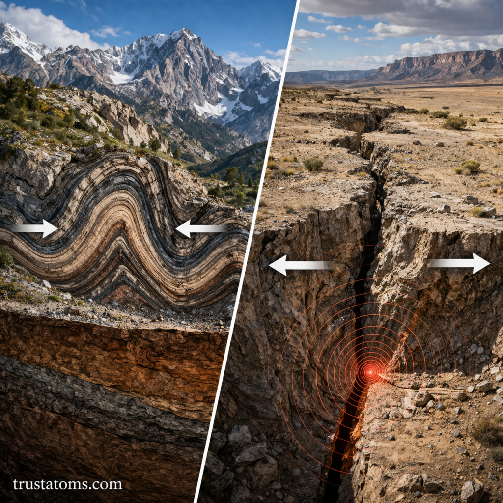 Split image showing folded rock layers from compressional stress and a fault line from brittle deformation.