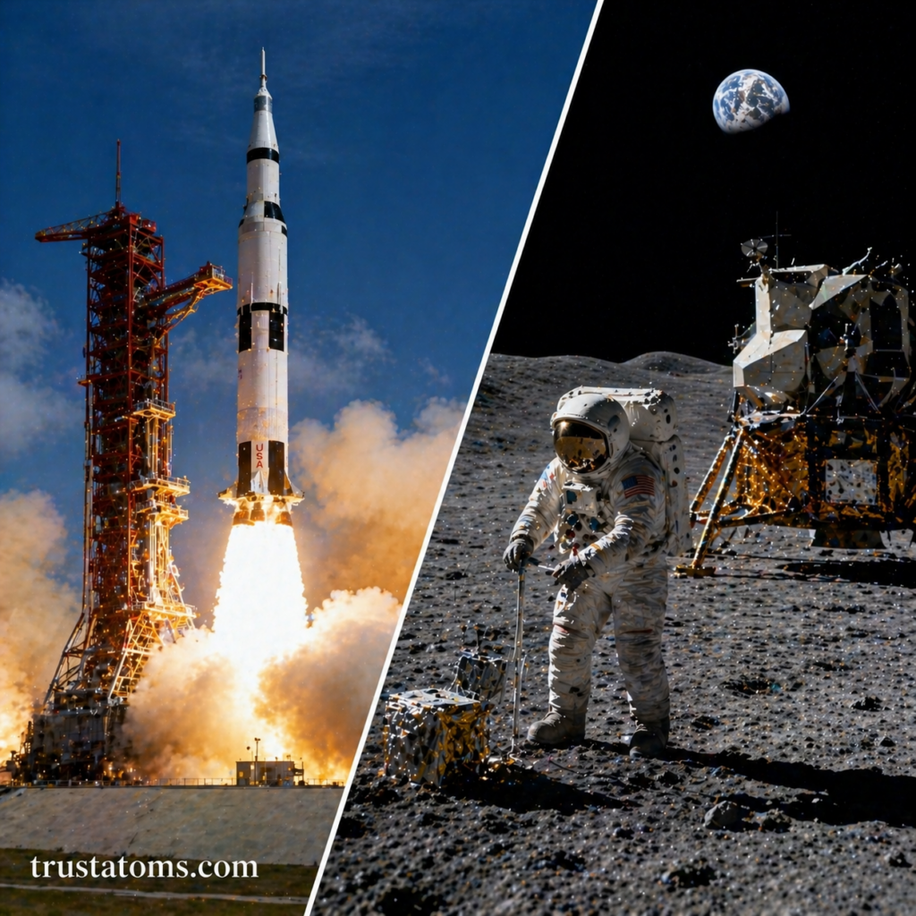 Split illustration showing a rocket launch on one side and an astronaut working on the Moon near a lunar module on the other.