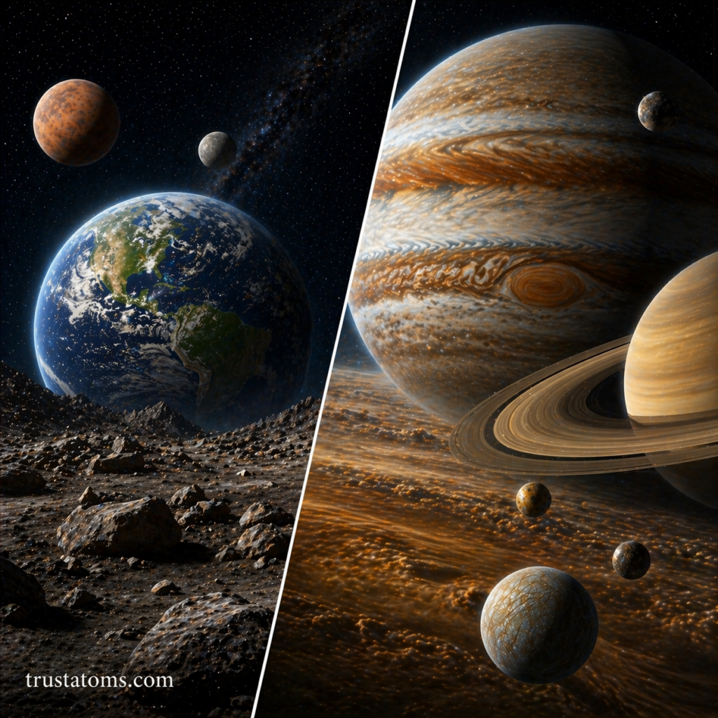 Split illustration showing rocky terrestrial planet surfaces compared to massive gas giant atmospheres with clouds and rings.