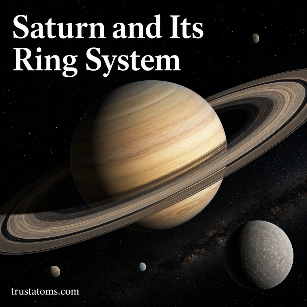 Saturn and its ring system illustration showing the planet with its rings and surrounding moons in space.