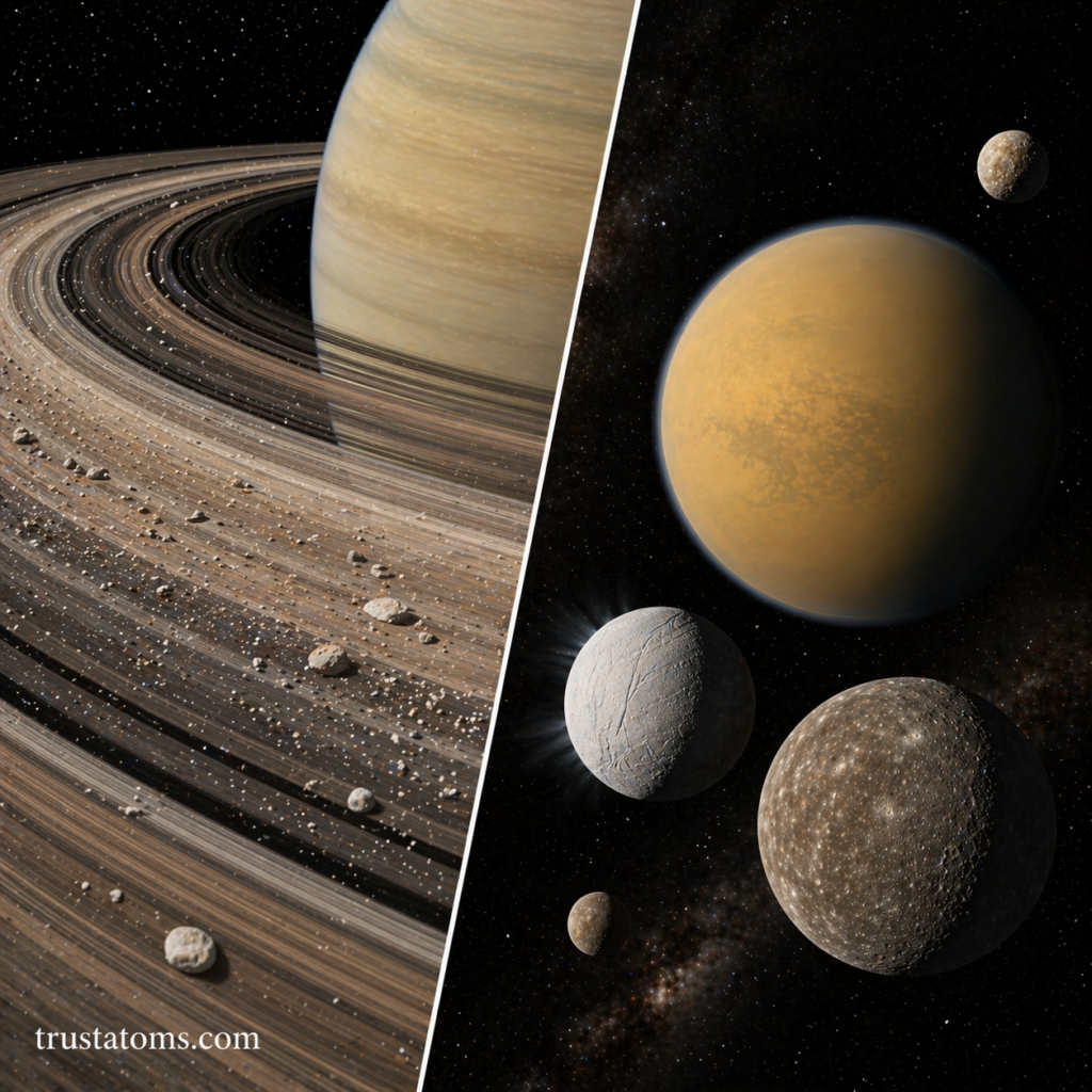 Split image showing Saturn’s ring system on one side and its major moons including Titan and icy moons on the other.