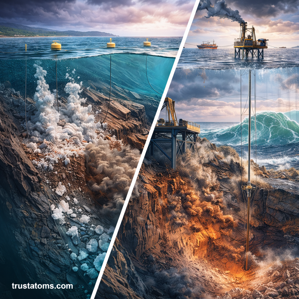 Split illustration showing seafloor landslide causes including gas hydrate release and offshore drilling impact.