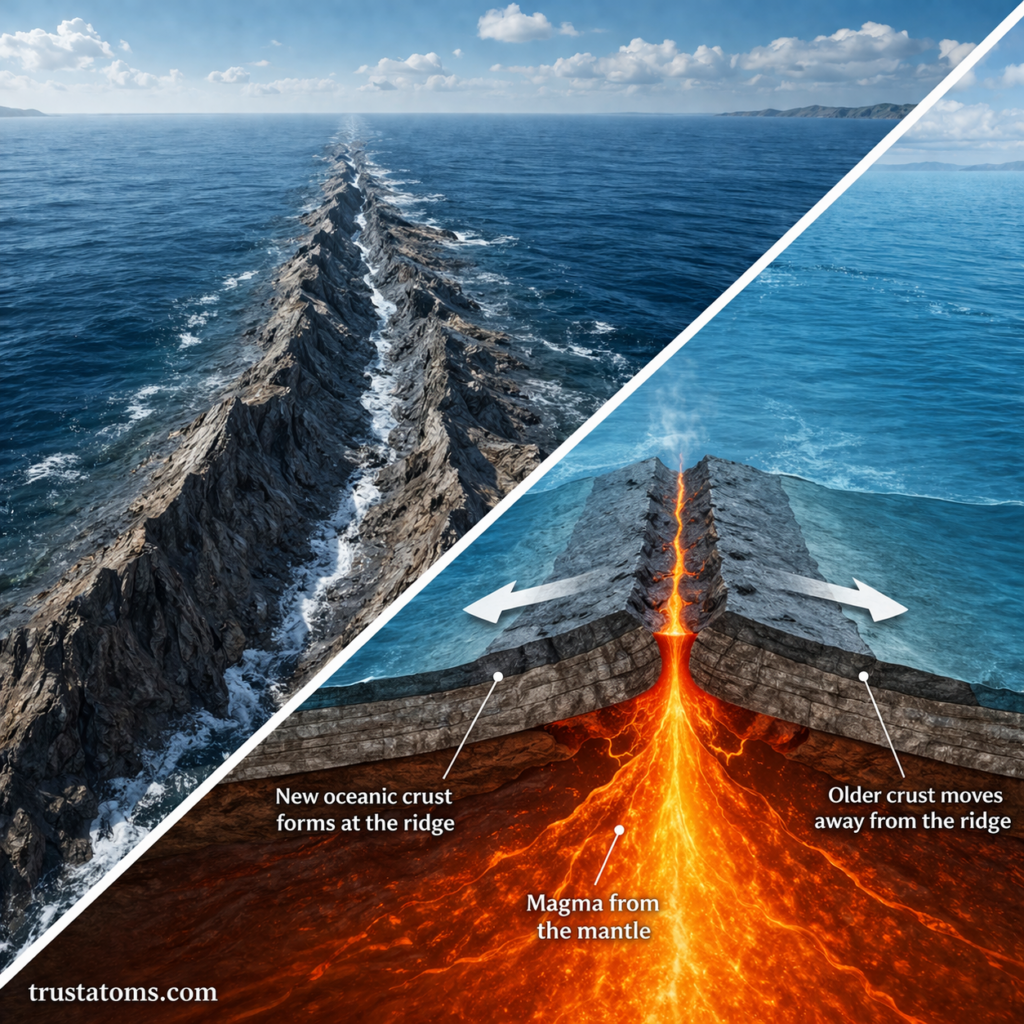 Split diagram showing mid-ocean ridge above and cross-section of seafloor spreading with magma rising and crust moving apart.