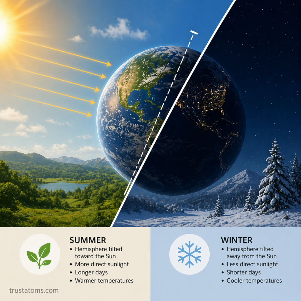 Split illustration showing summer and winter conditions on Earth with sunlight angles and axial tilt affecting day and night.