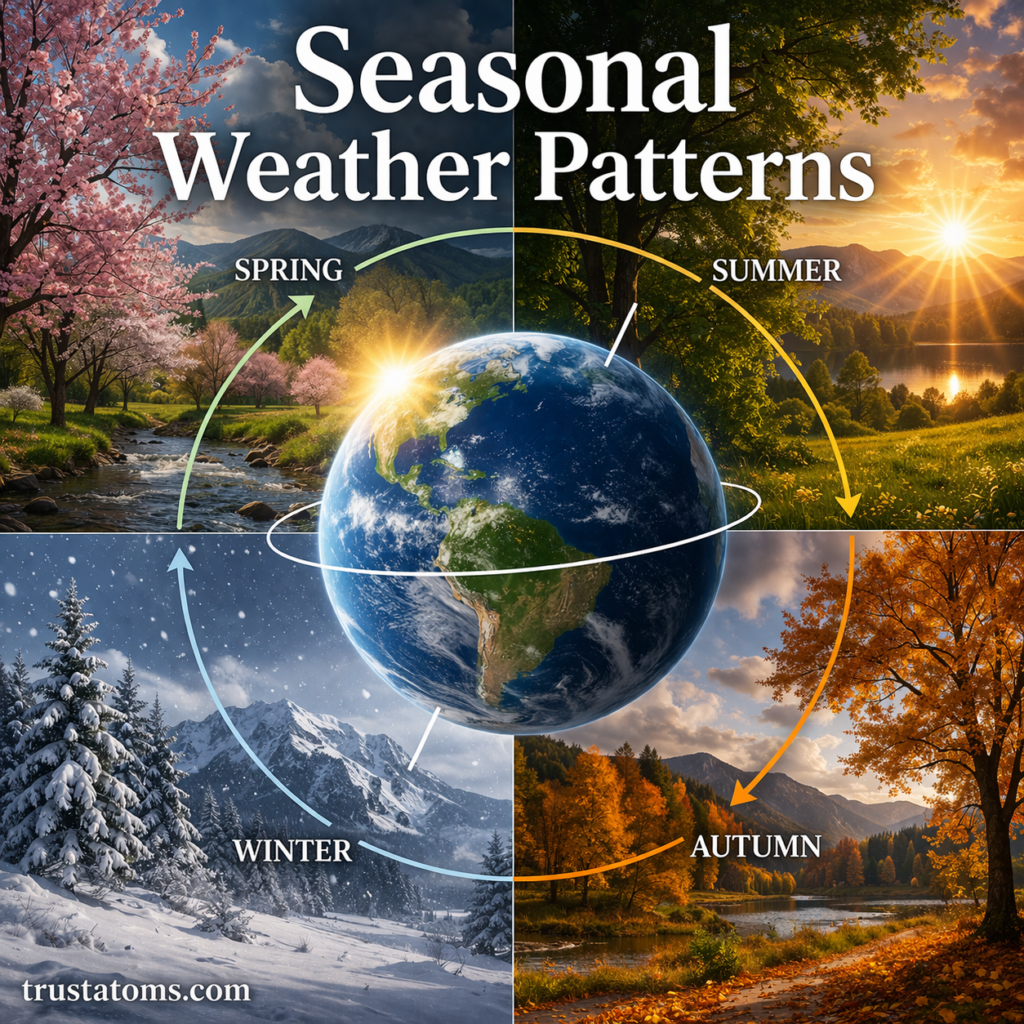 Illustration showing the four seasons around Earth including spring, summer, autumn, and winter in a circular cycle.