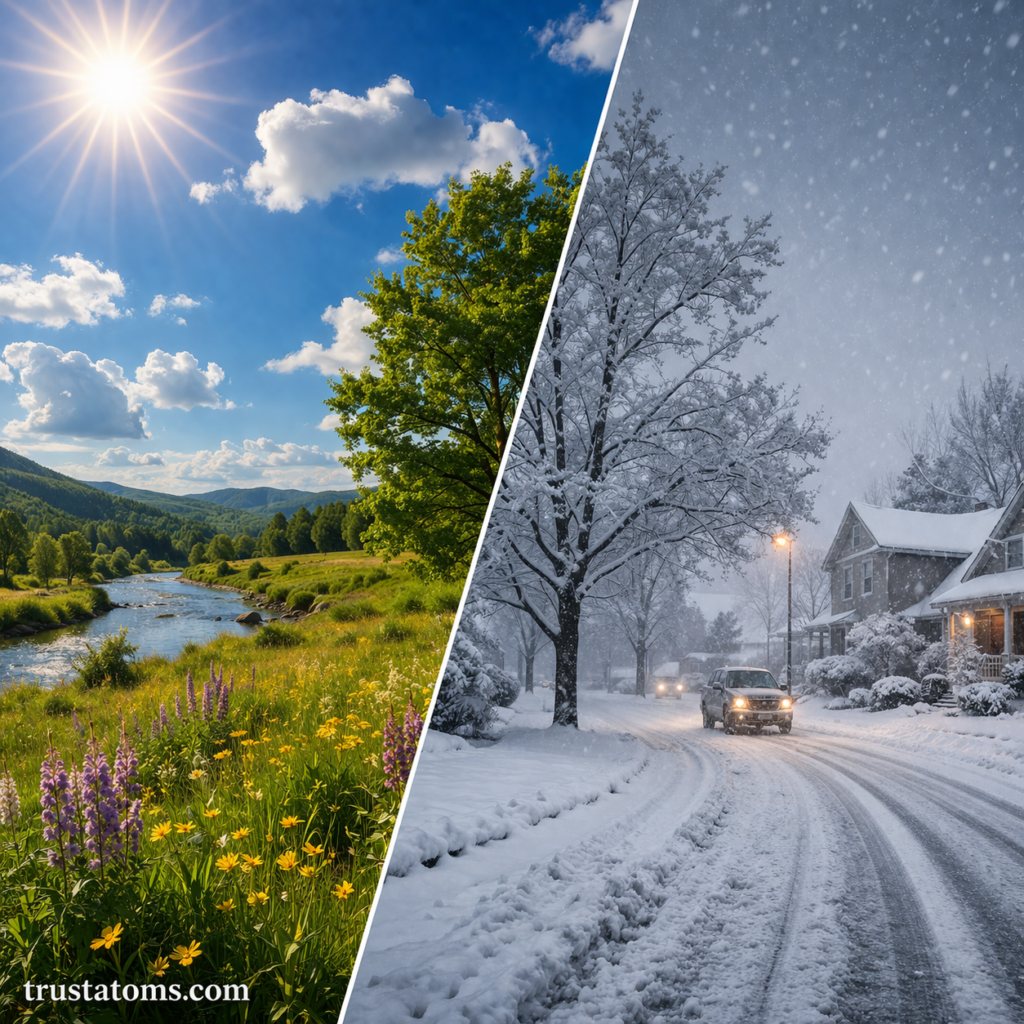 Split illustration showing warm summer landscape with sunshine and green fields contrasted with snowy winter suburban street.